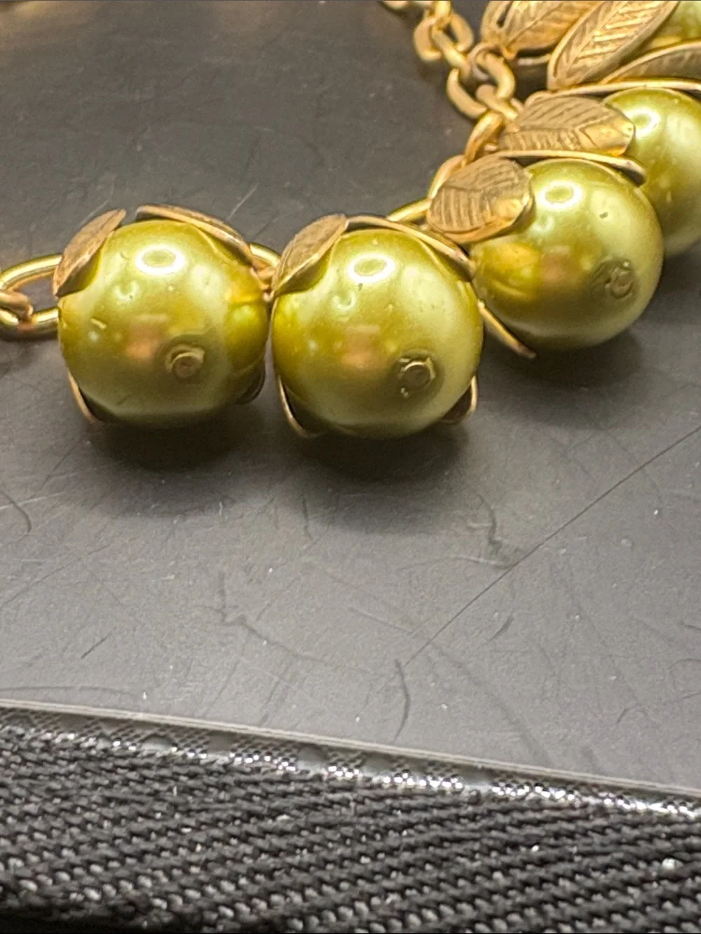 Lenora Dame Olive Green Pearl Leaf Statement Necklace Gold Tone Retired